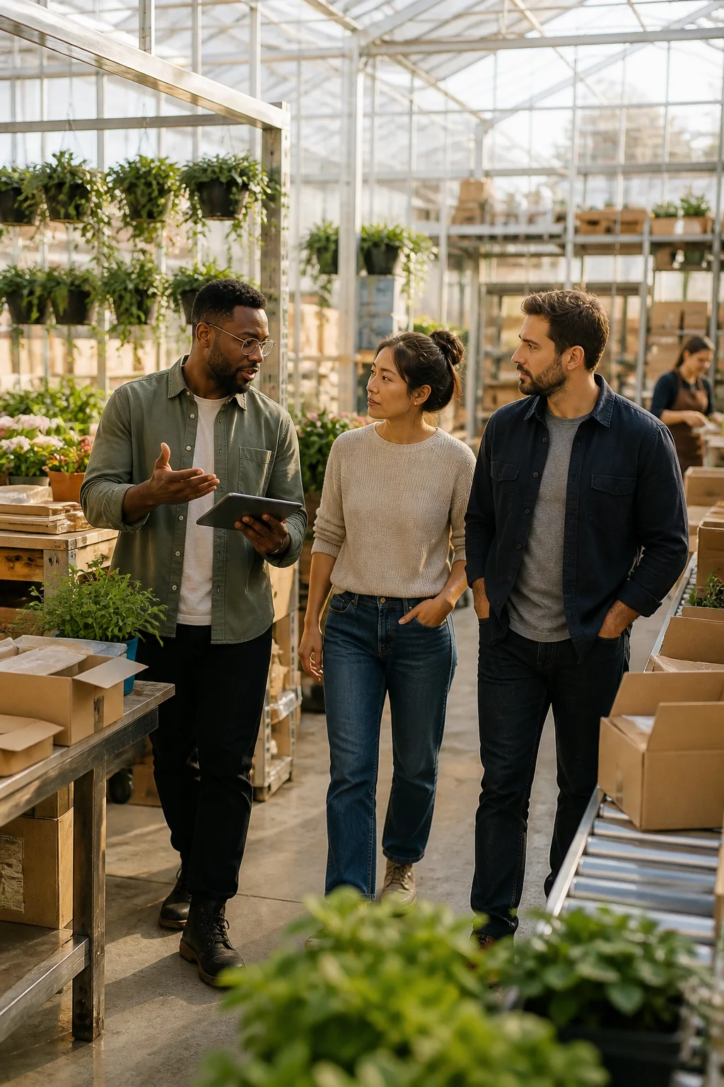 Three professionals walking through a greenhouse operation and discussing its workflow with a tablet