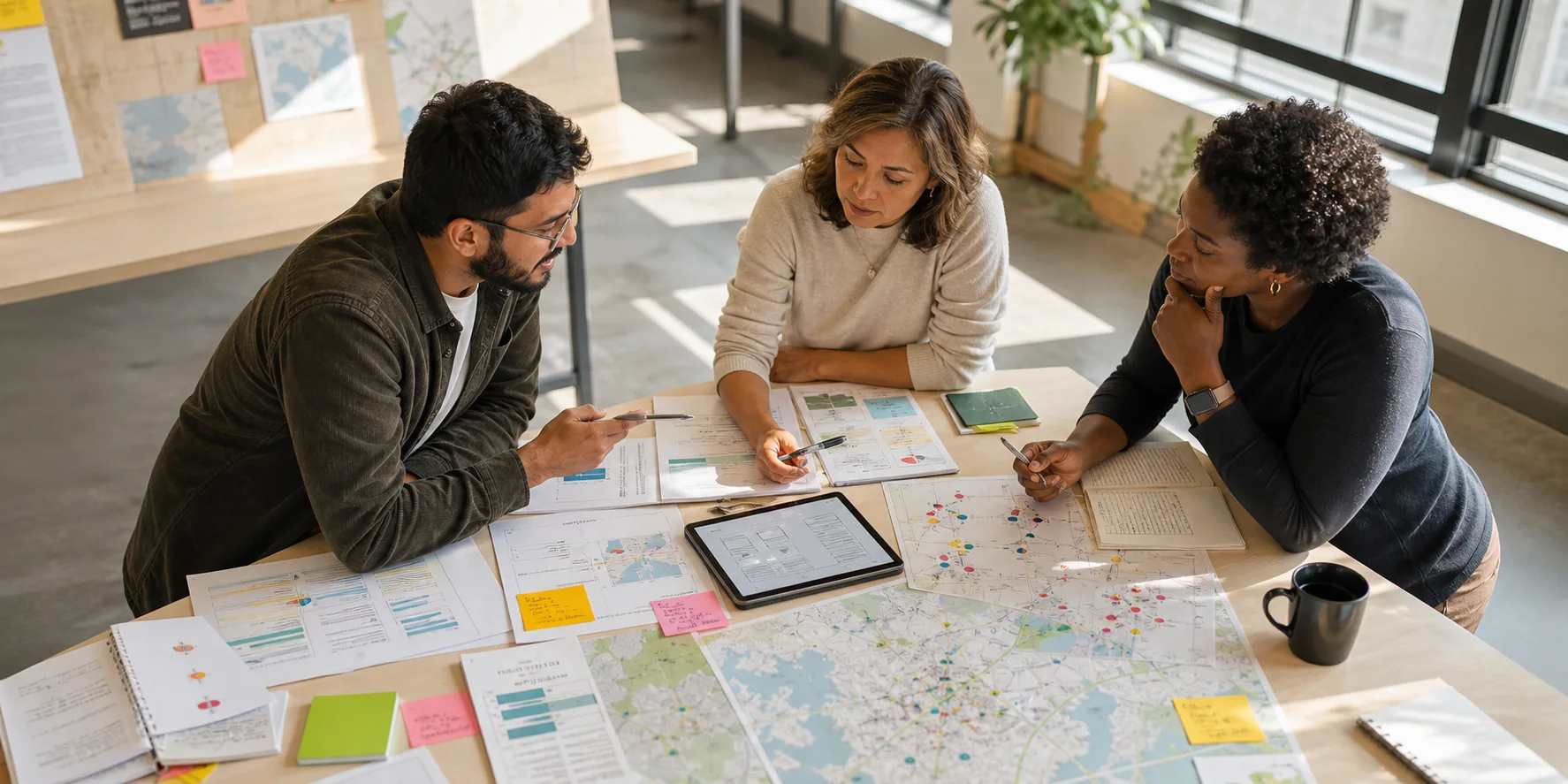 Three people comparing service maps, research notes, charts, and a tablet prototype